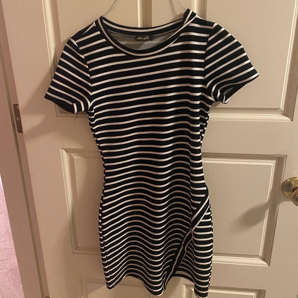 Striped asymmetrical body con dress